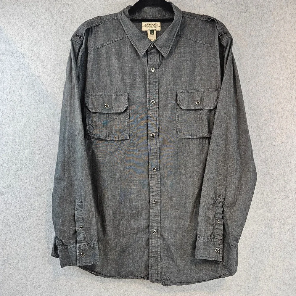 American Rag Mens XXL Gray Cotton Chambray Roll Tab Utility Button Down Shirt